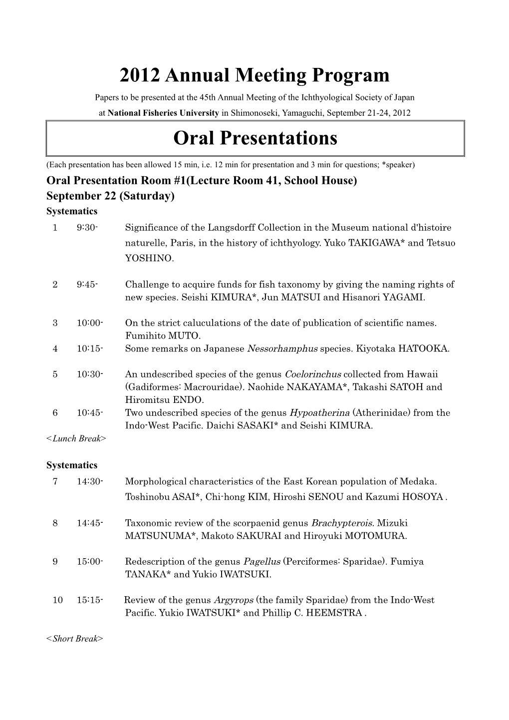 2012 Annual Meeting Program Oral Presentations