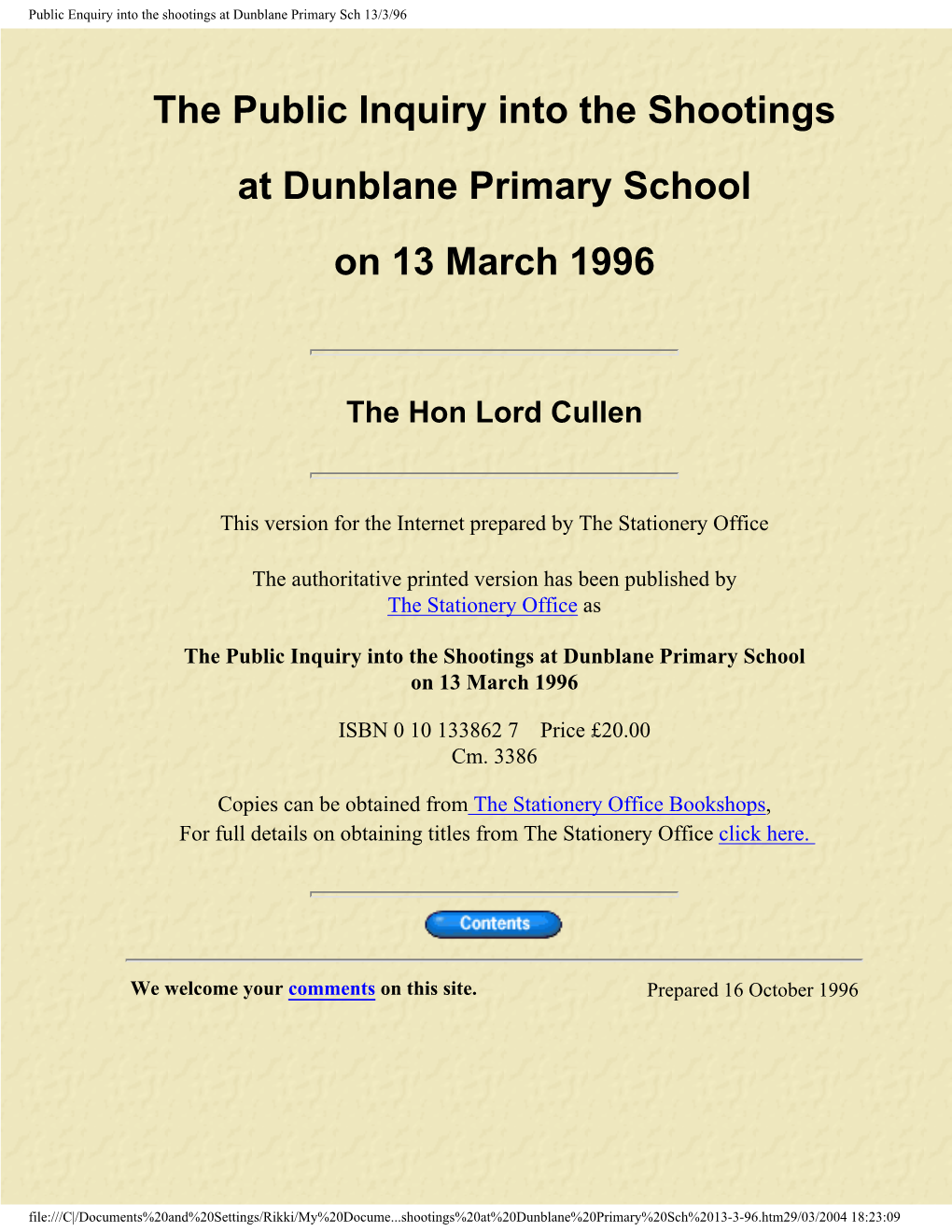 Public Enquiry Into the Shootings at Dunblane Primary Sch 13/3/96