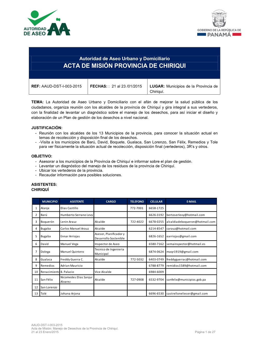 Acta De Misión Provincia De Chiriqui