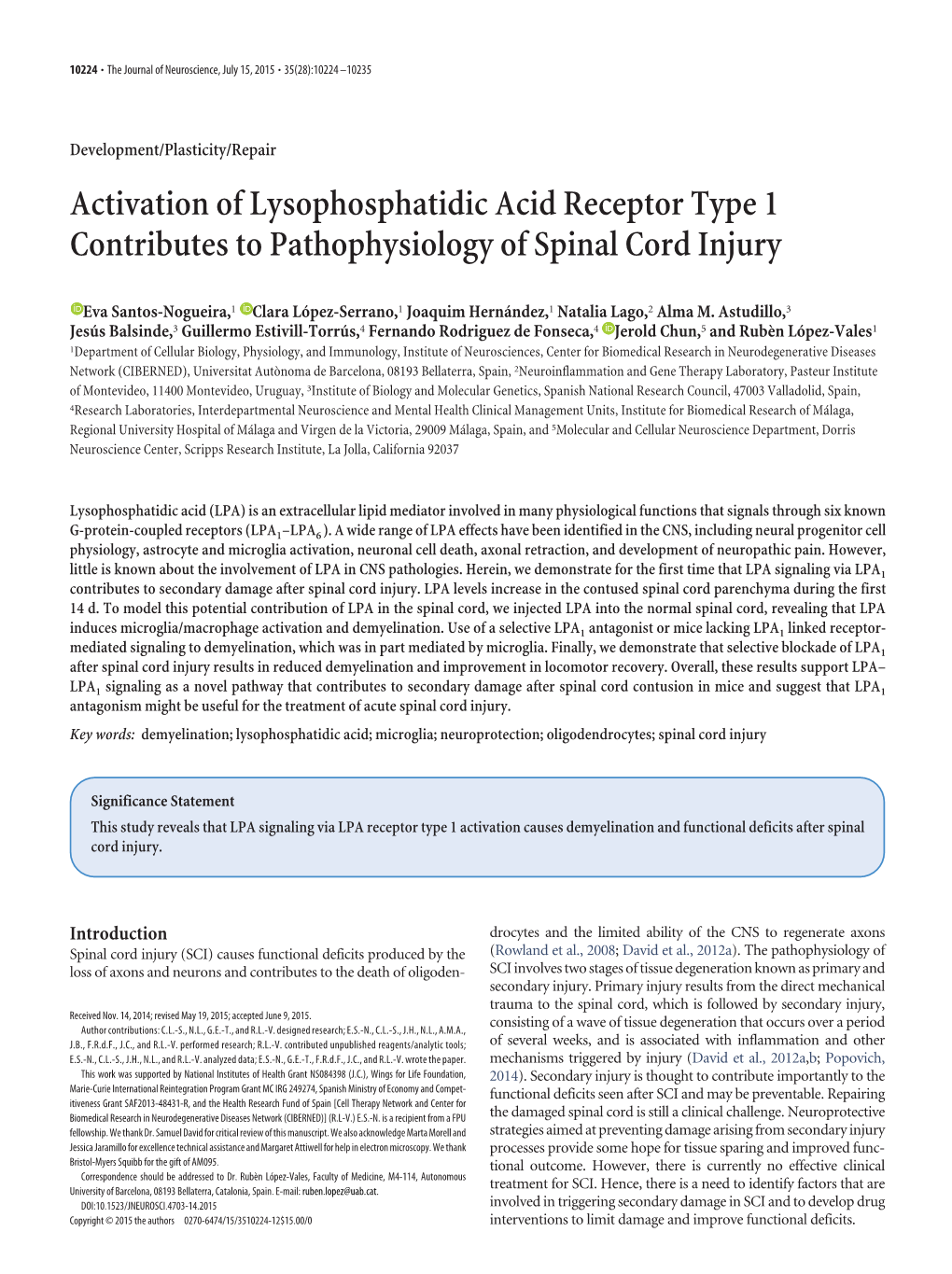 Activation of Lysophosphatidic Acid Receptor Type 1 Contributes to Pathophysiology of Spinal Cord Injury