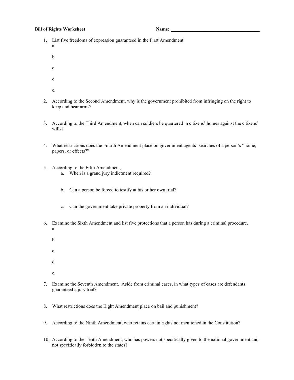 Bill of Rights Worksheet