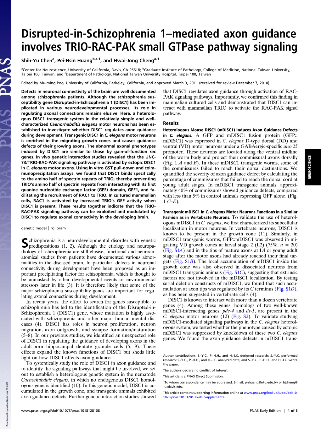 Disrupted-In-Schizophrenia 1–Mediated Axon Guidance Involves TRIO-RAC-PAK Small Gtpase Pathway Signaling