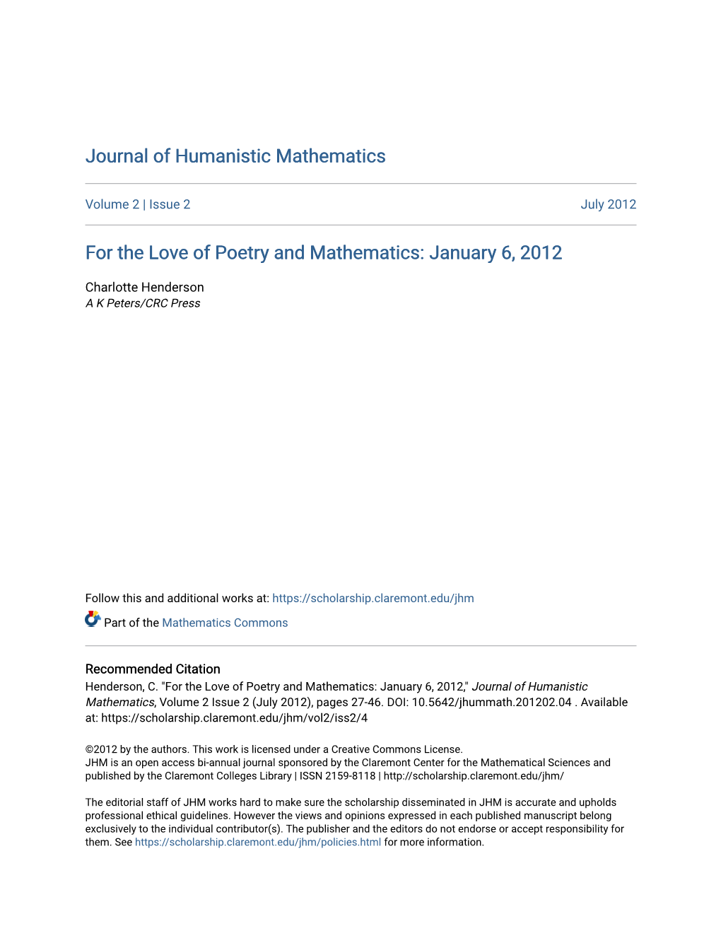 For the Love of Poetry and Mathematics: January 6, 2012