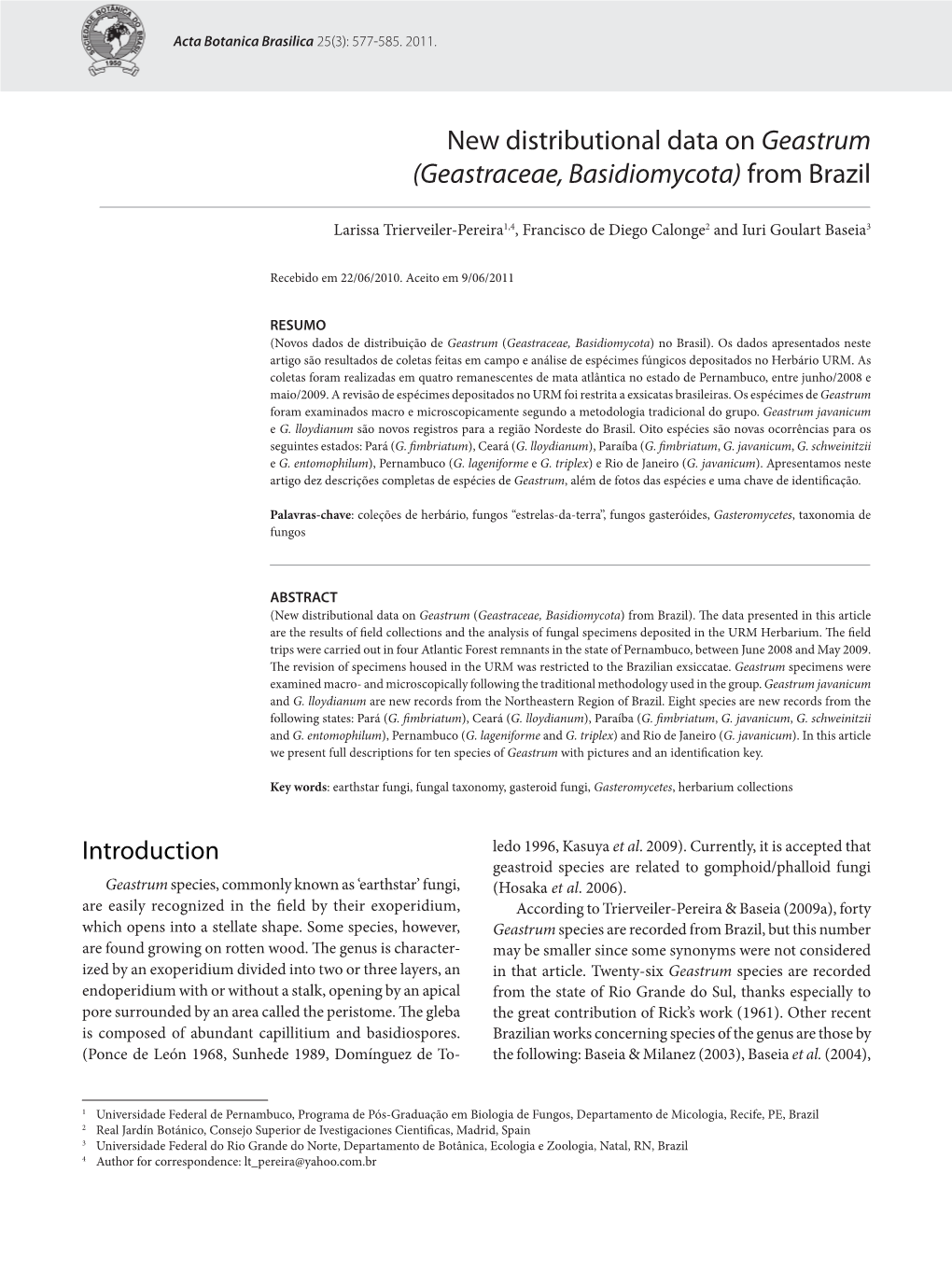New Distributional Data on Geastrum (Geastraceae, Basidiomycota) from Brazil