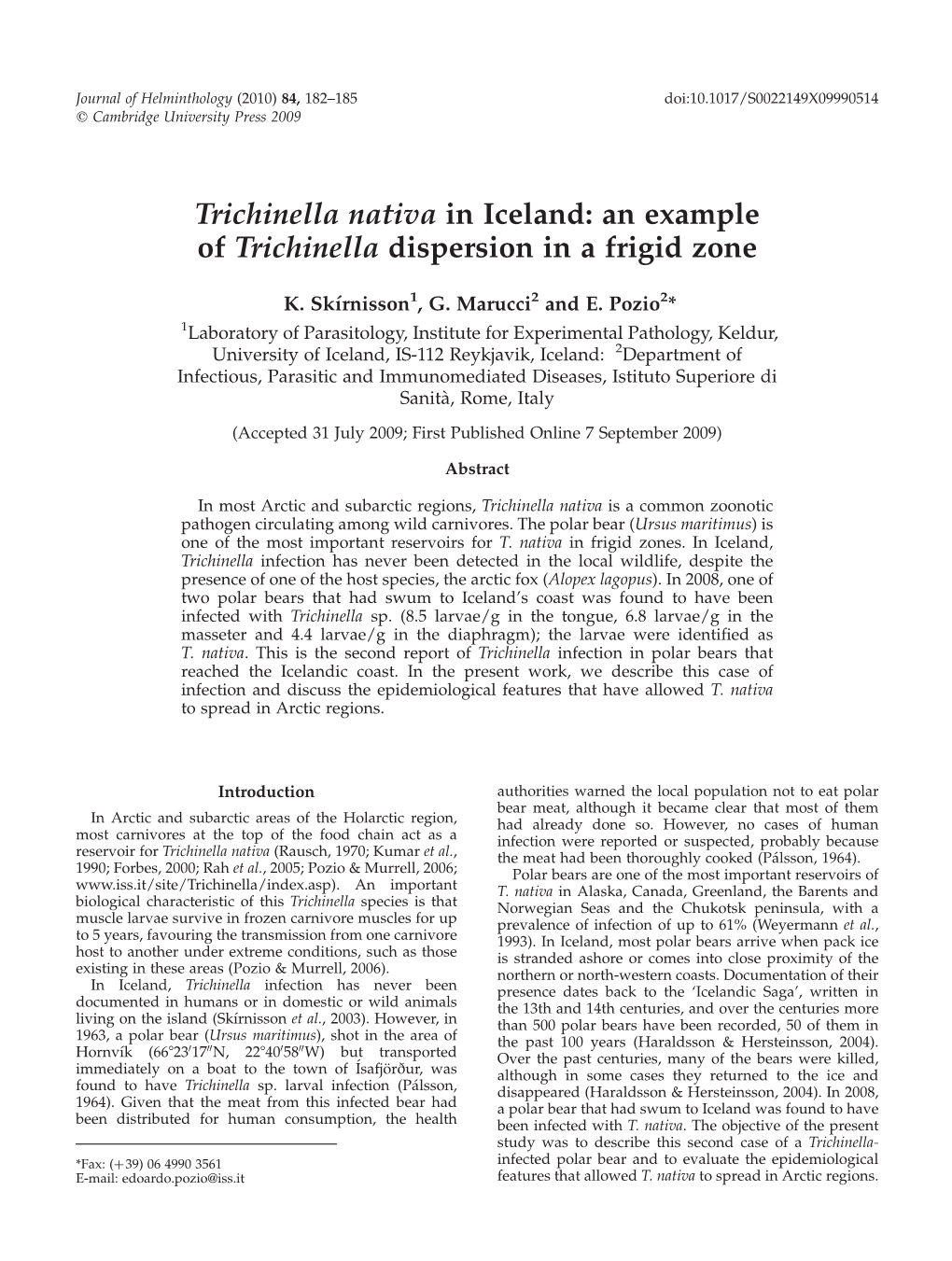 Trichinella Nativa in Iceland: an Example of Trichinella Dispersion in a Frigid Zone