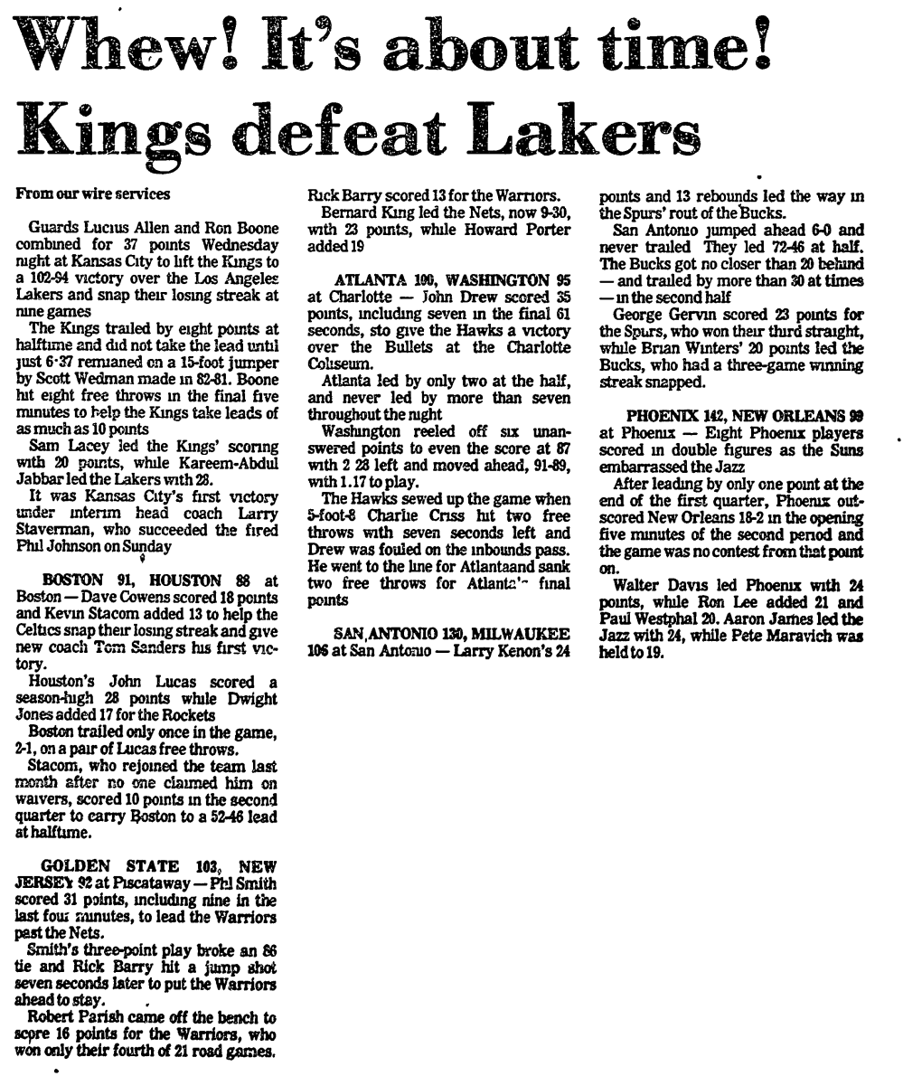 Kings Defeat Lakers from Our Wire Services Rick Barry Scored 13 for the Warriors