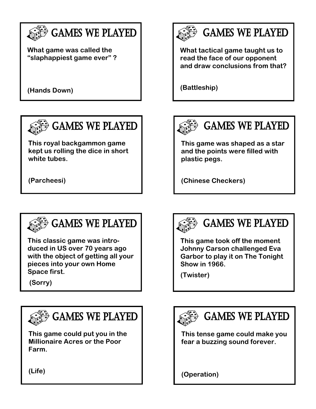 60S 70S Game Challenge Cards with Answers