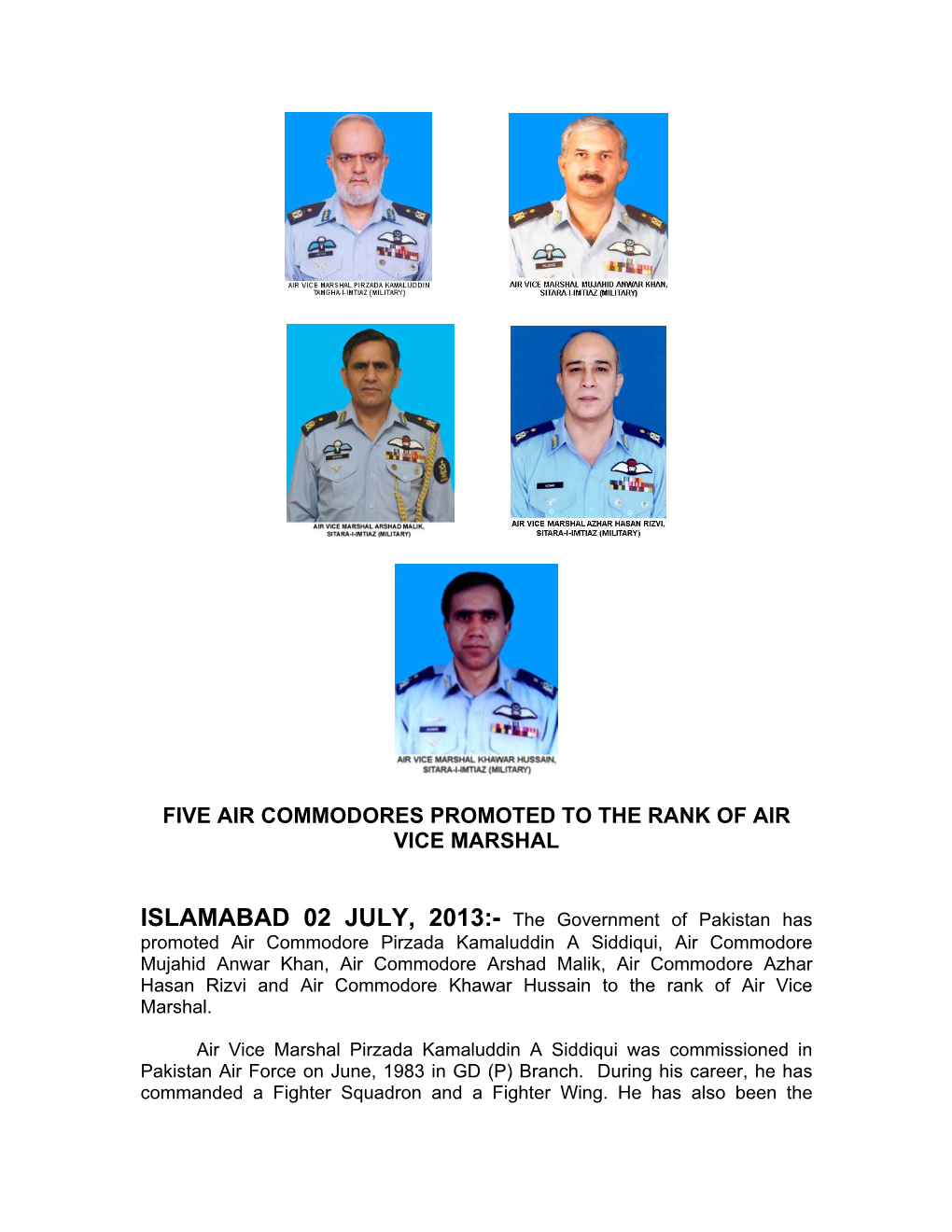 Five Air Commodores Promoted to the Rank of Air Vice Marshal