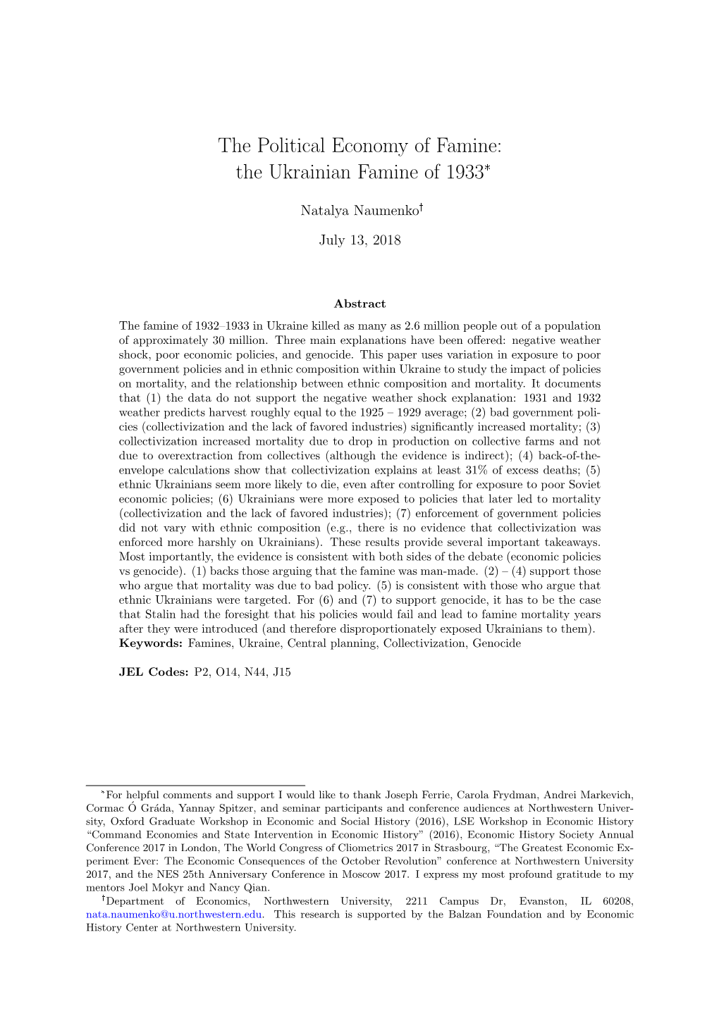 The Political Economy of Famine: the Ukrainian Famine of 1933*