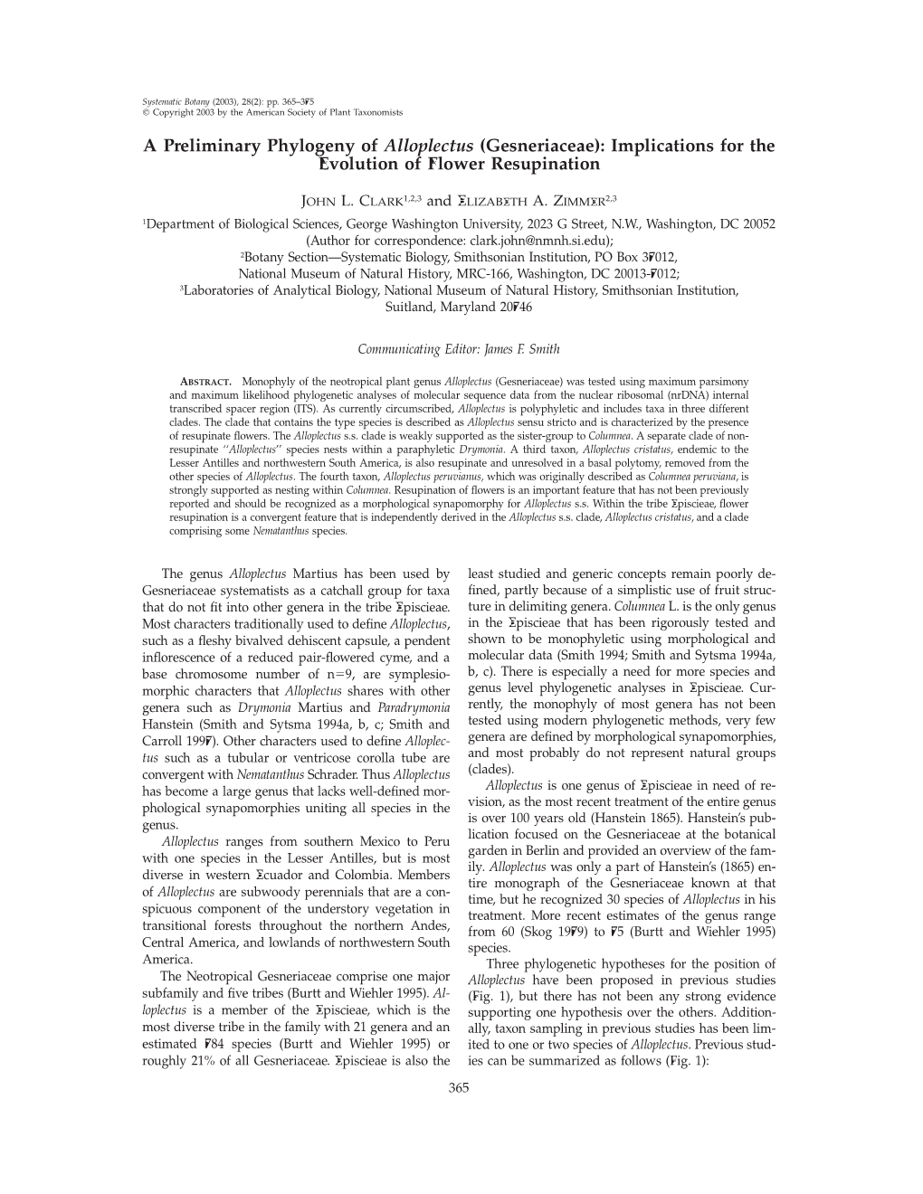 A Preliminary Phylogeny of Alloplectus (Gesneriaceae): Implications for the Evolution of Flower Resupination