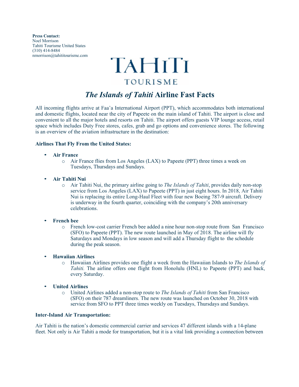 The Islands of Tahiti Airline Fast Facts