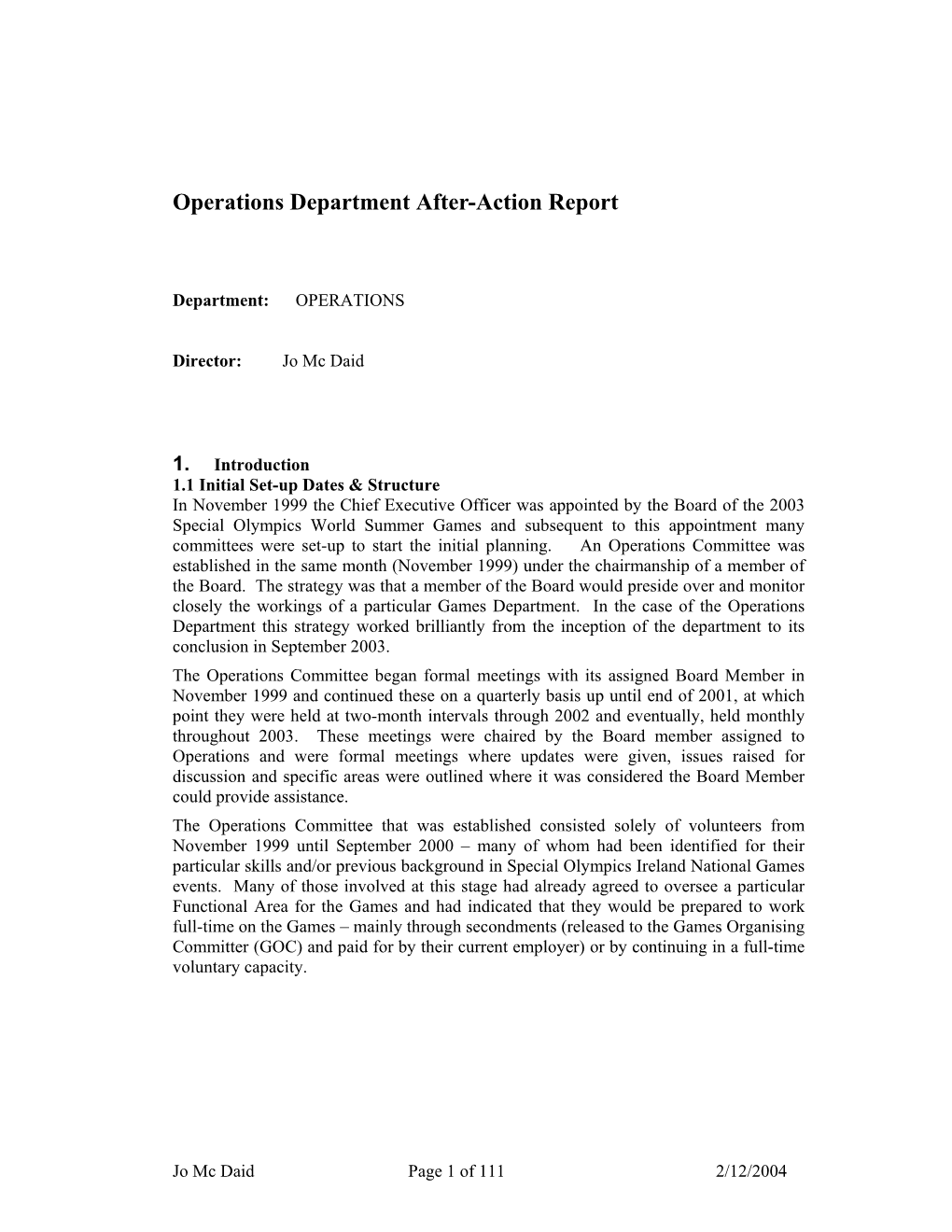 Operations Department After-Action Report