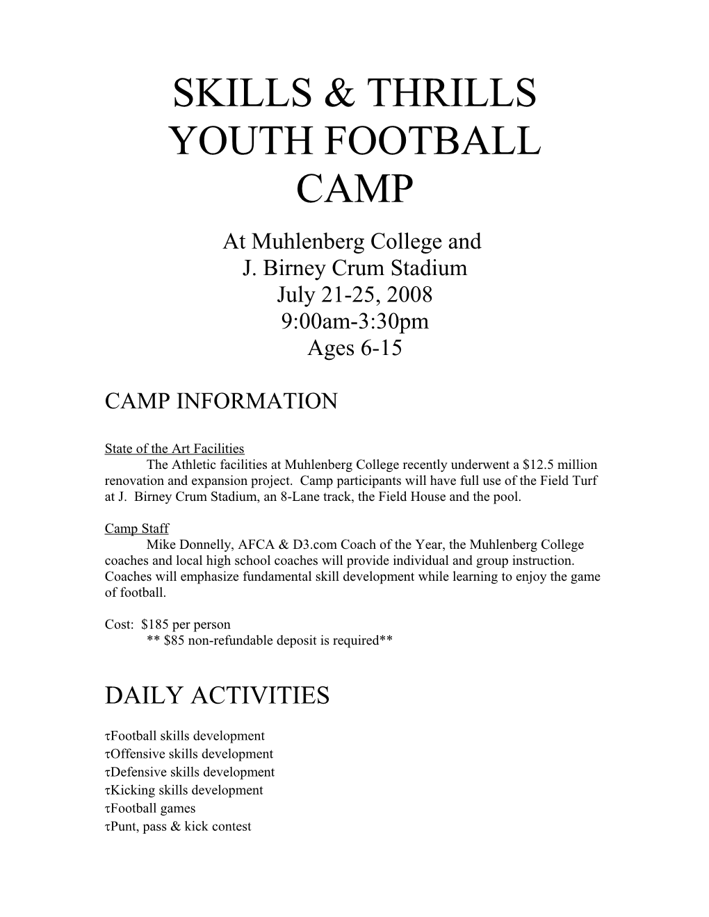 Skills & Thrills Youth Football Camp