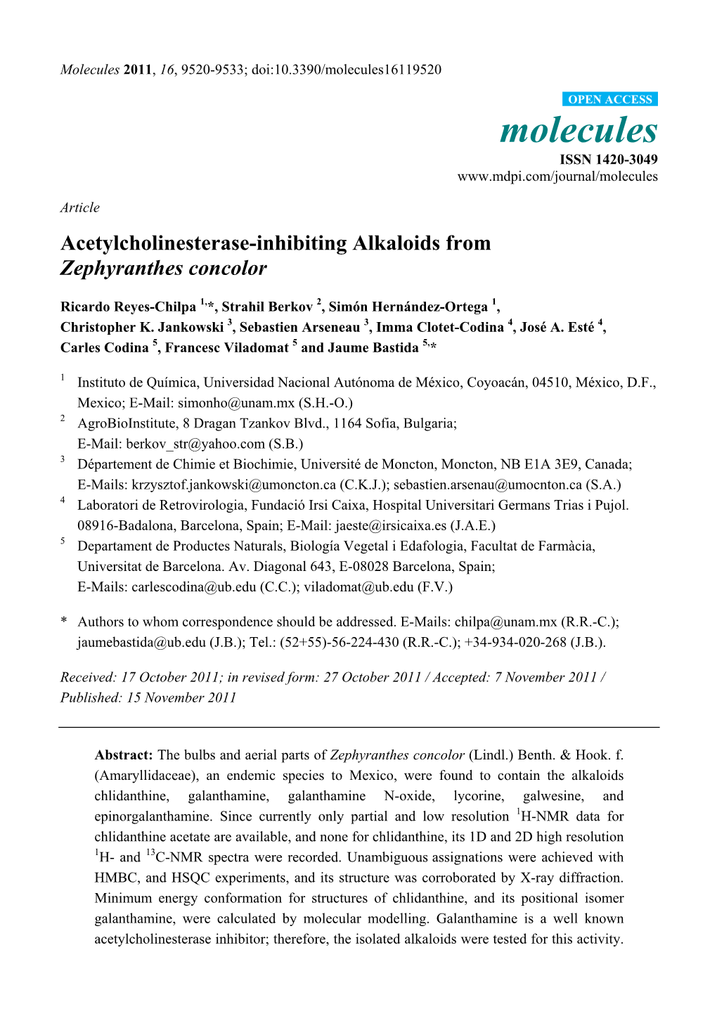 Acetylcholinesterase-Inhibiting Alkaloids from Zephyranthes Concolor