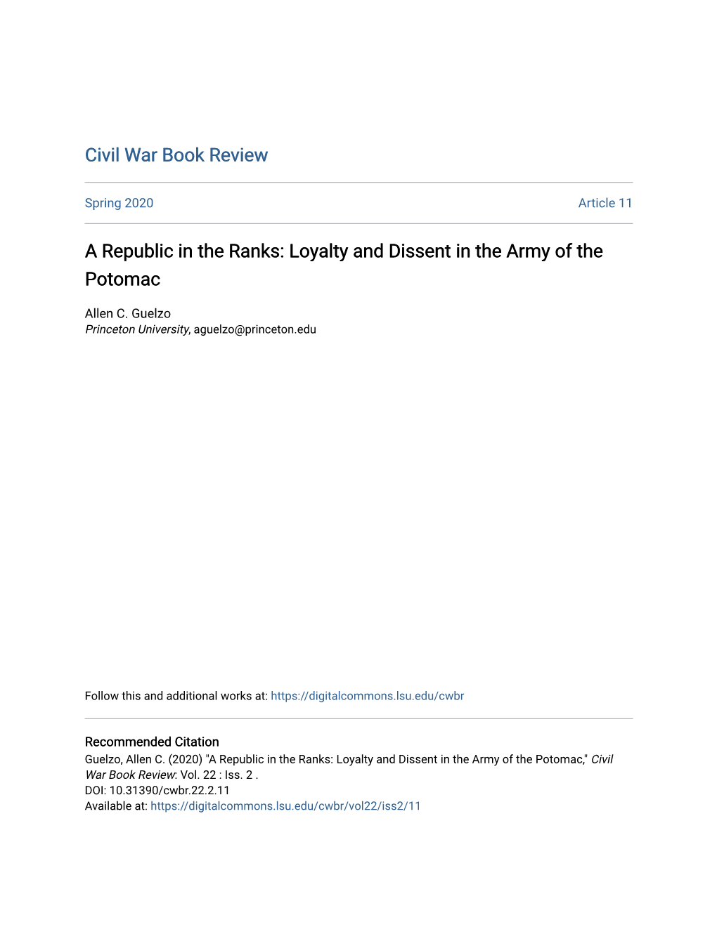 A Republic in the Ranks: Loyalty and Dissent in the Army of the Potomac