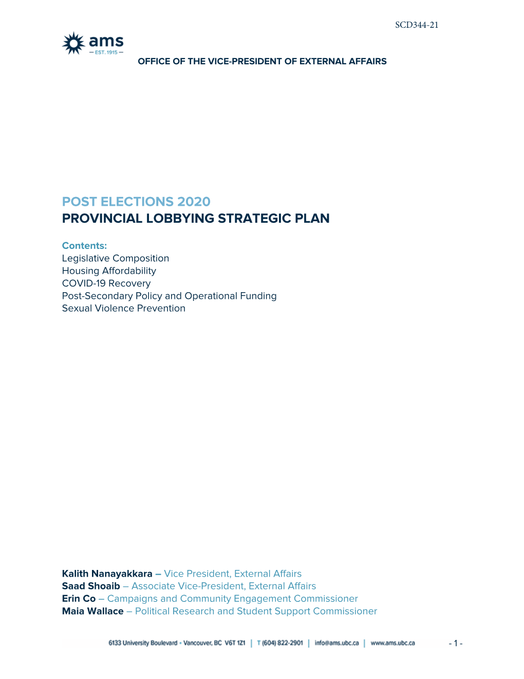 Post Elections 2020 Provincial Lobbying Strategic Plan