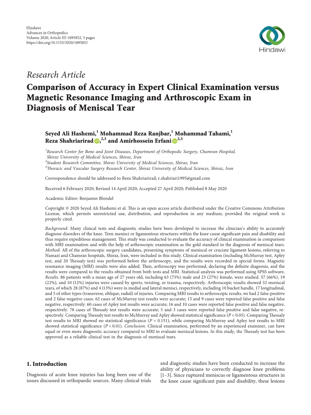 Comparison of Accuracy in Expert Clinical Examination Versus Magnetic Resonance Imaging and Arthroscopic Exam in Diagnosis of Meniscal Tear