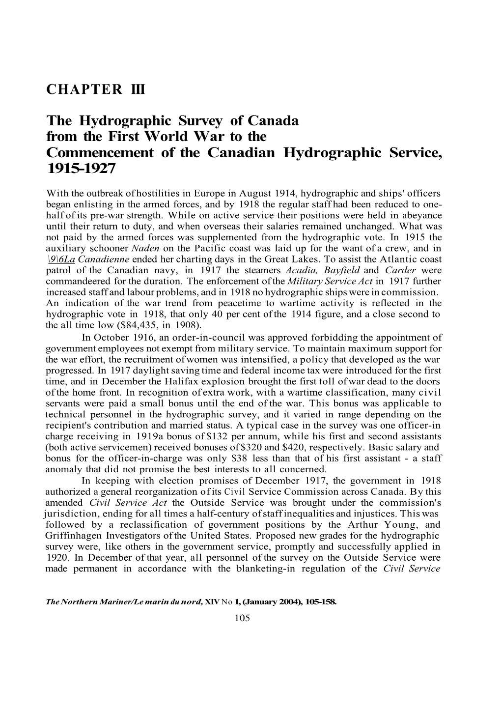 The Hydrographic Survey of Canada from the First World War to the Commencement of the Canadian Hydrographic Service, 1915-1927