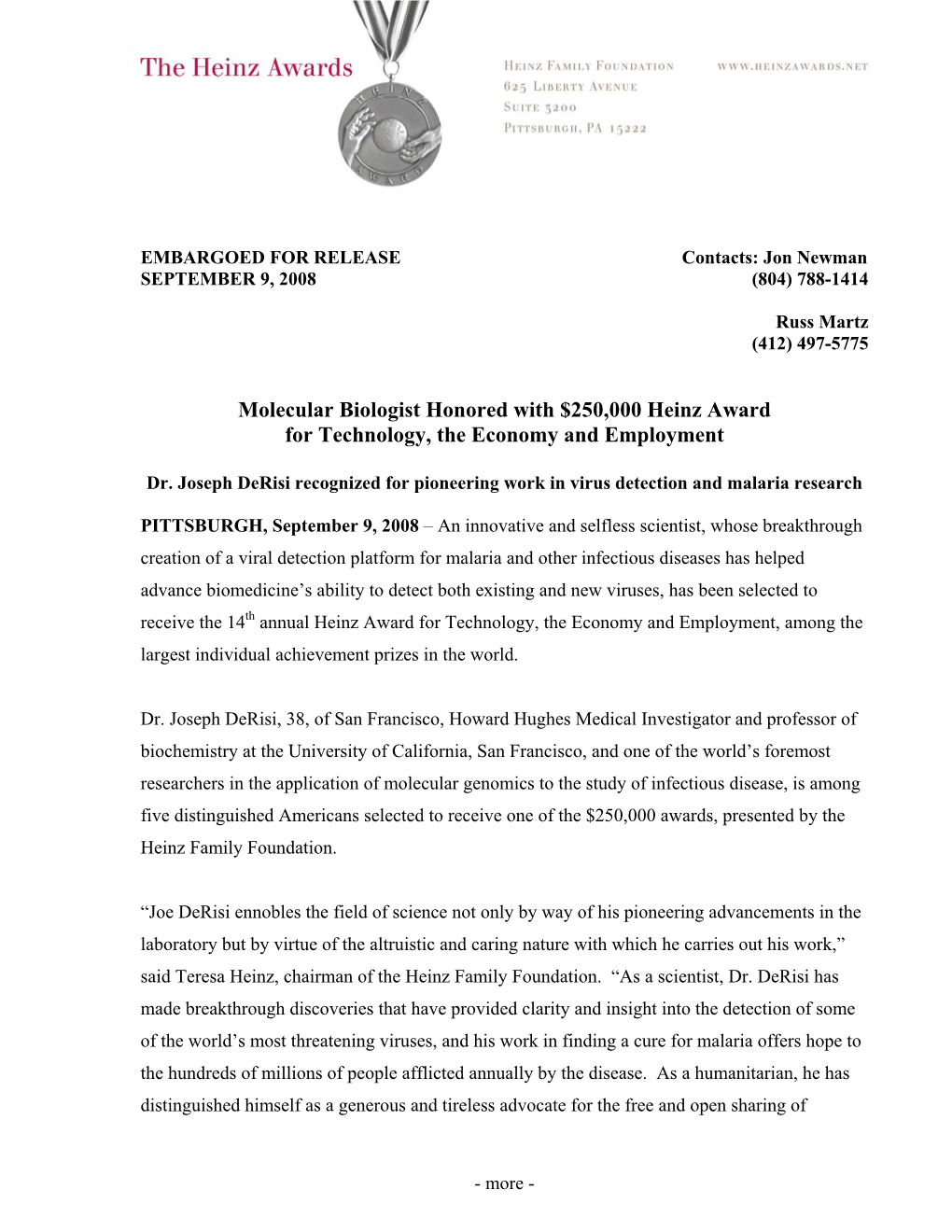 Joseph Derisi Press Release -Technology, the Economy And