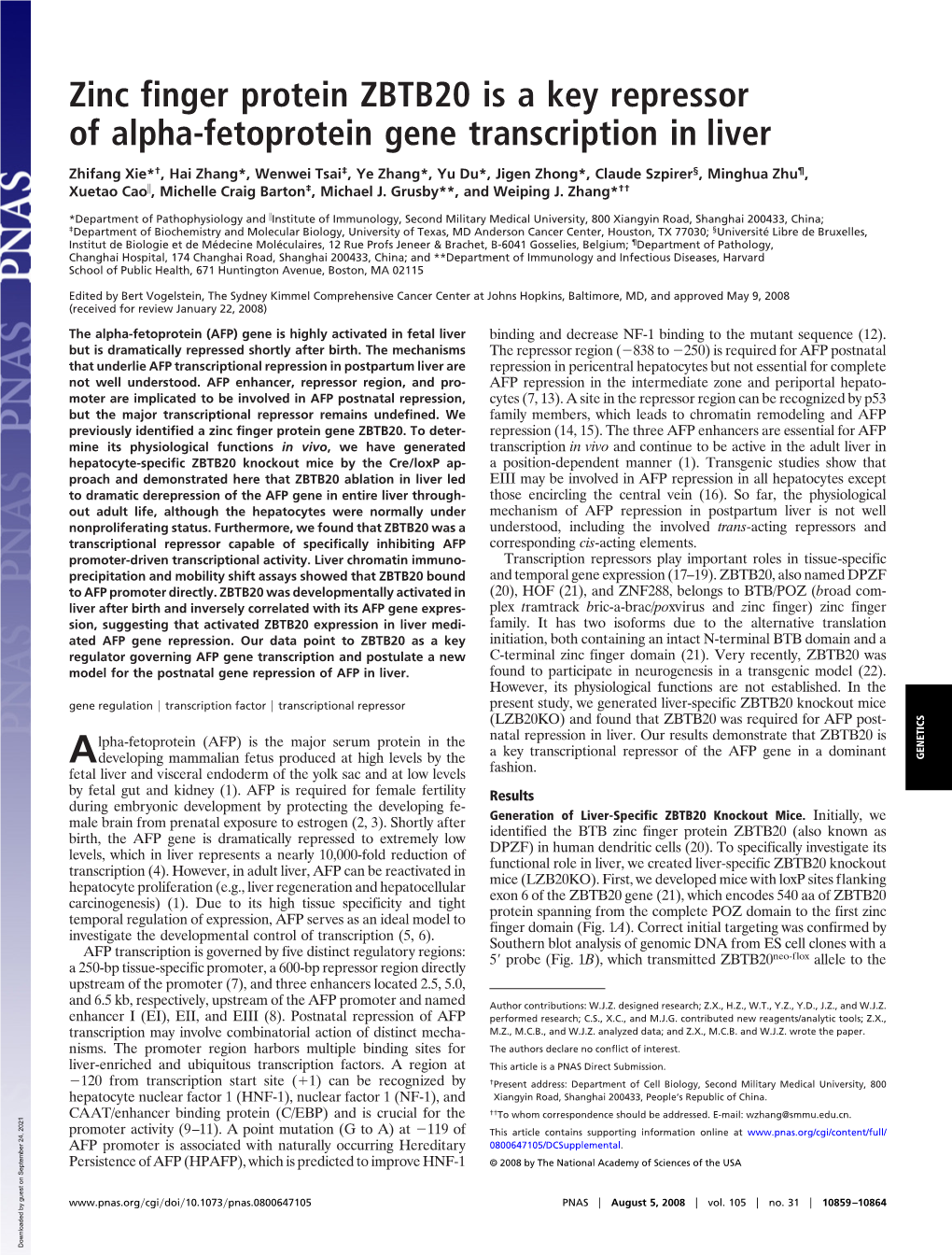 Zinc Finger Protein ZBTB20 Is a Key Repressor of Alpha-Fetoprotein Gene Transcription in Liver