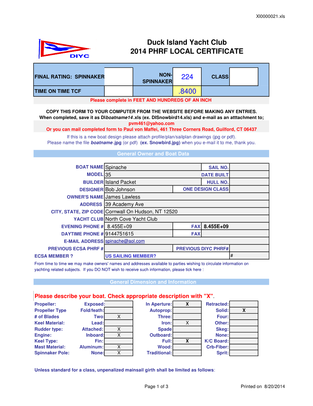 224 .8400 Duck Island Yacht Club 2014 PHRF LOCAL CERTIFICATE