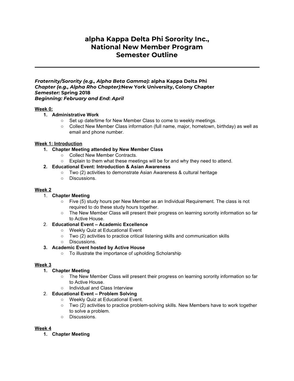 Alpha Kappa Delta Phi Sorority Inc., National New Member Program Semester Outline