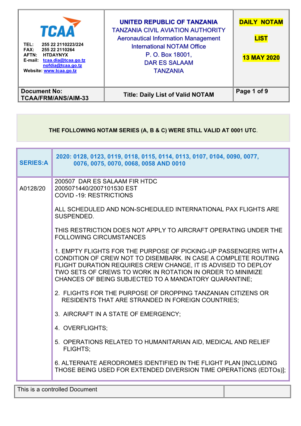 Aeronautical Information Promulgation Advice Form