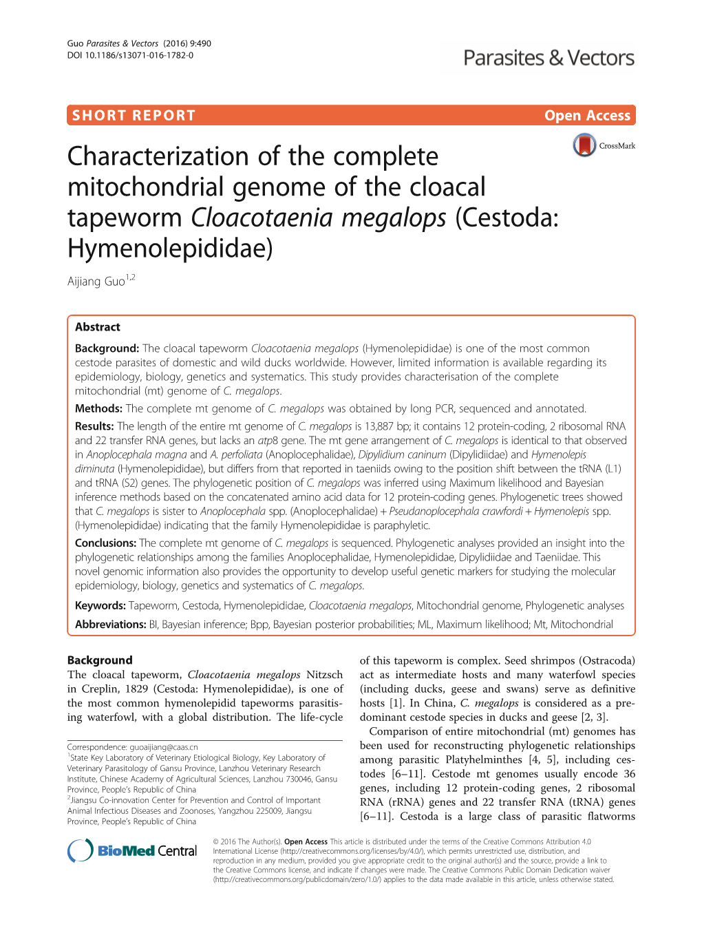 Cestoda: Hymenolepididae) Aijiang Guo1,2