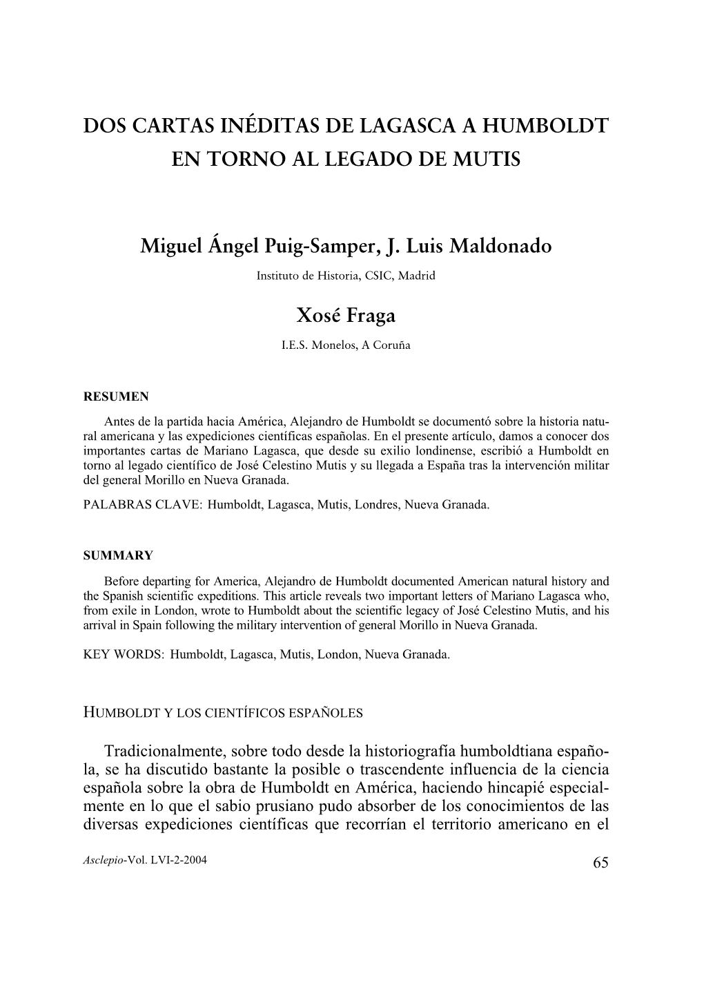 Dos Cartas Inéditas De Lagasca a Humboldt En Torno Al Legado De Mutis