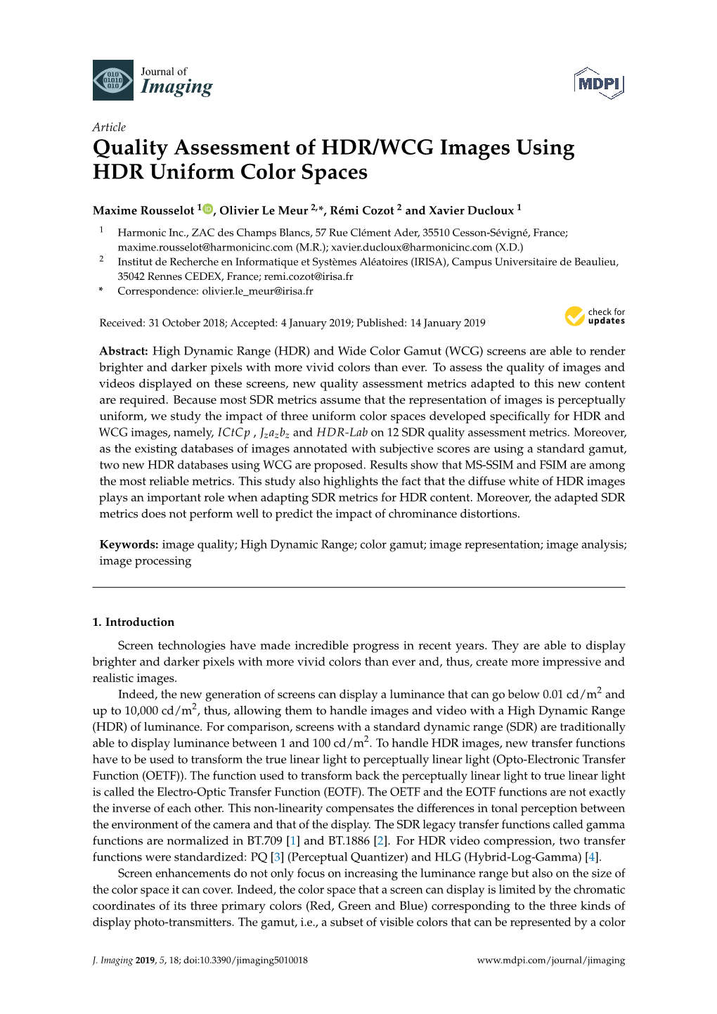 Quality Assessment of HDR/WCG Images Using HDR Uniform Color Spaces