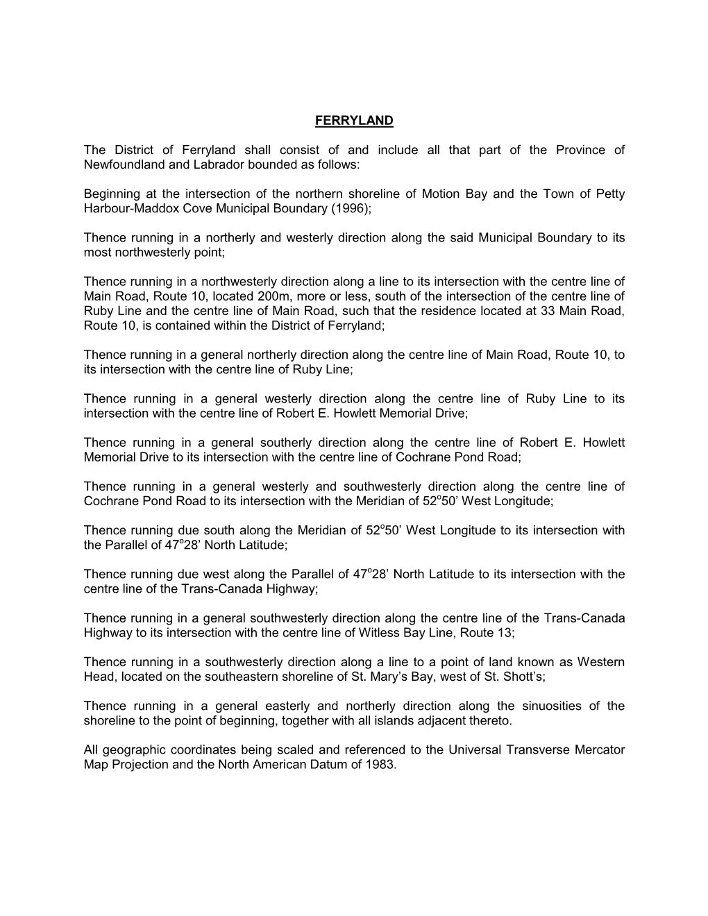 Legal Description for Ferryland PDF Document Opens in New Window
