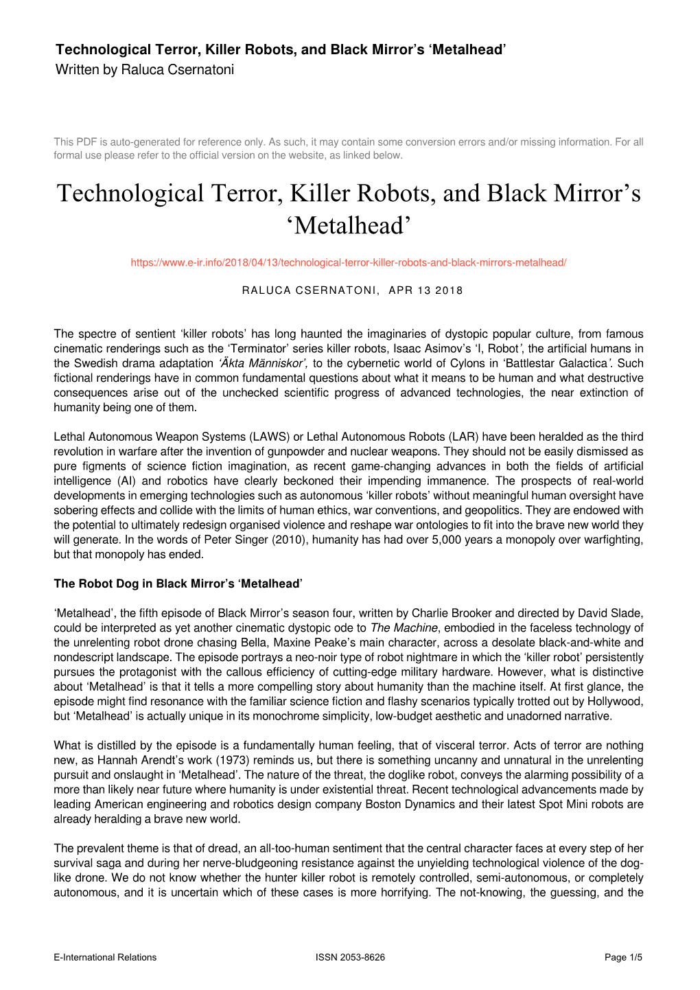 Technological Terror, Killer Robots, and Black Mirror's 'Metalhead'