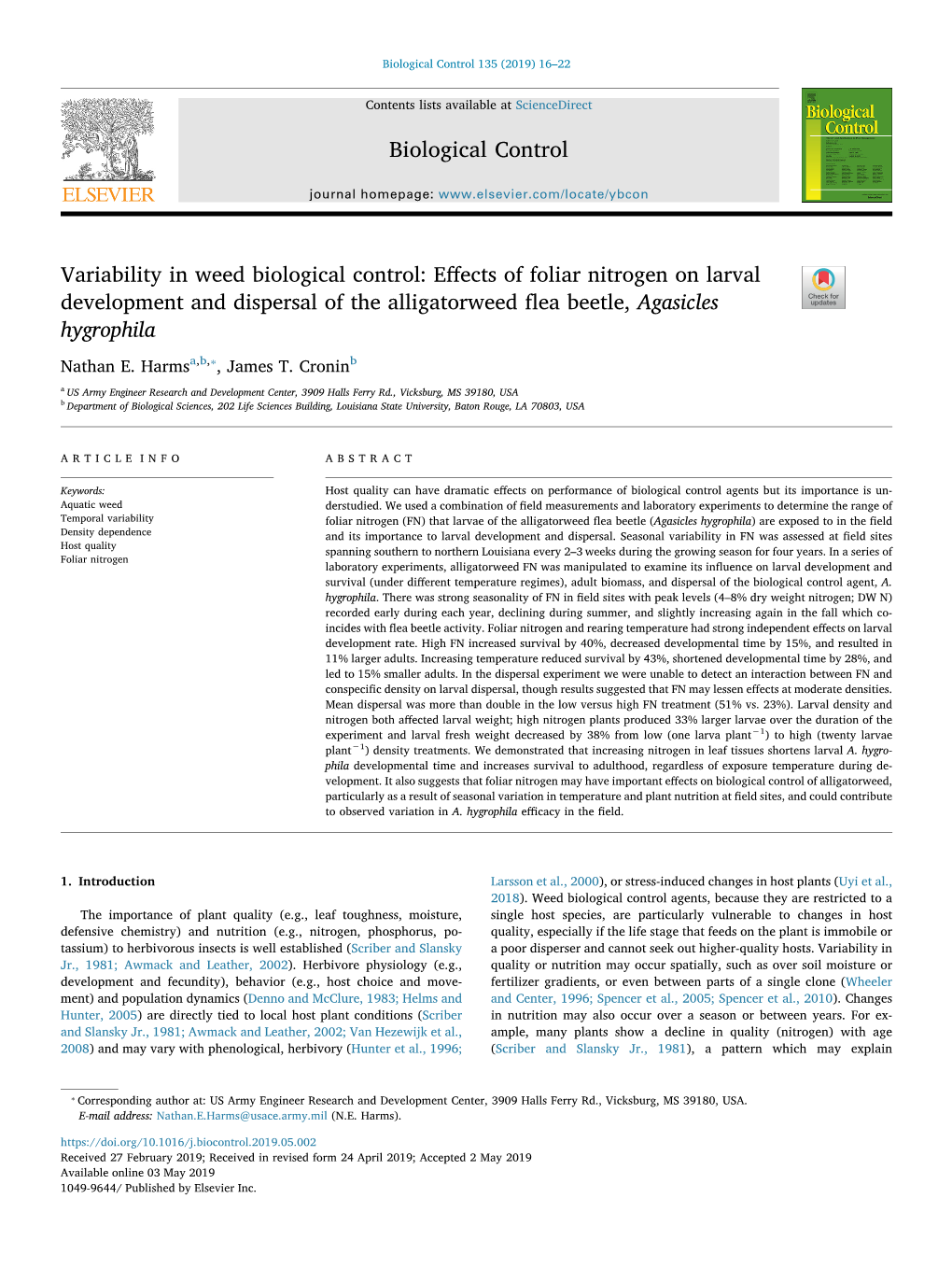 Variability in Weed Biological Control Effects of Foliar Nitrogen on Larval Development and Dispersal of the Alligatorweed Flea