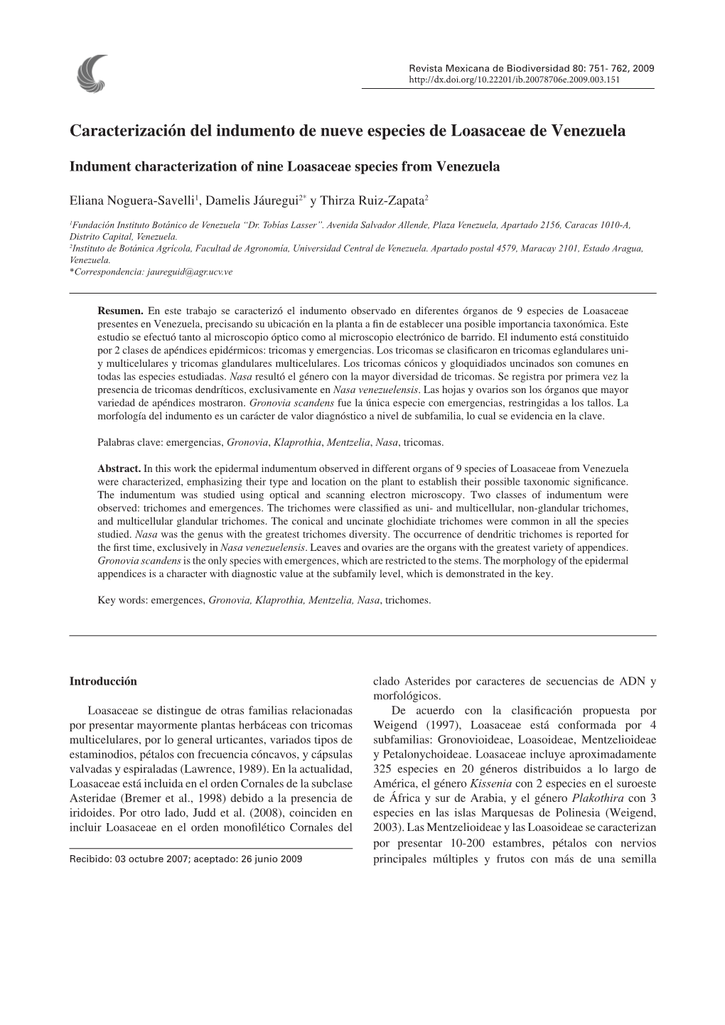 Caracterización Del Indumento De Nueve Especies De Loasaceae De Venezuela