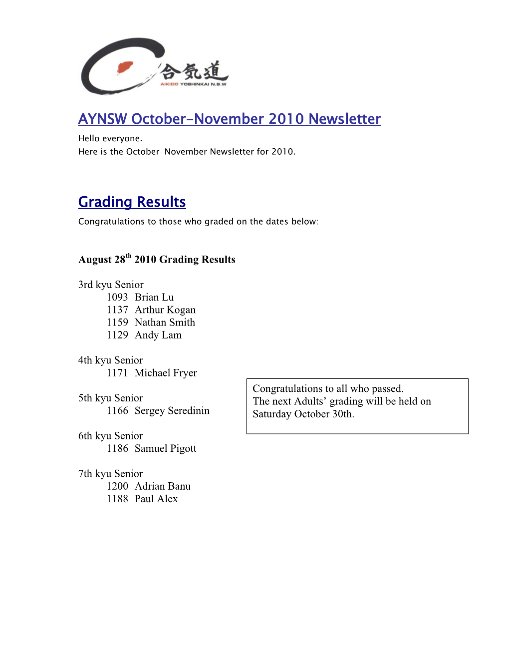 UPDATE AYNSW October-November 2010 Newsletter Grading Results