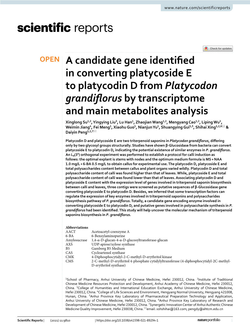 A Candidate Gene Identified in Converting Platycoside E To