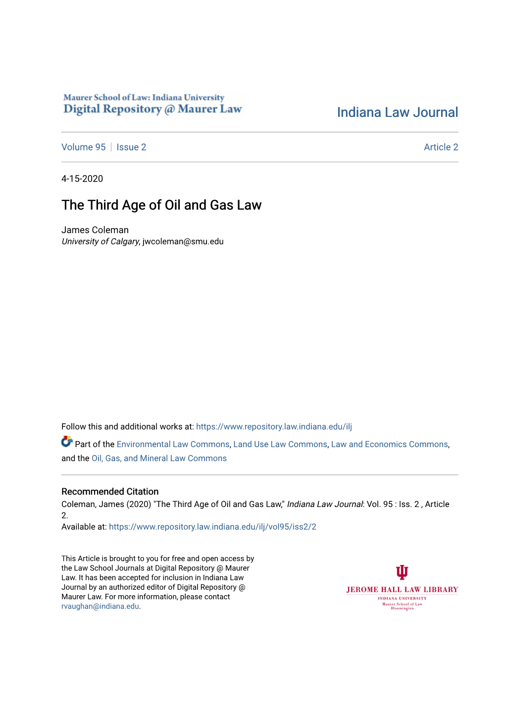 Indiana Law Journal the Third Age of Oil and Gas