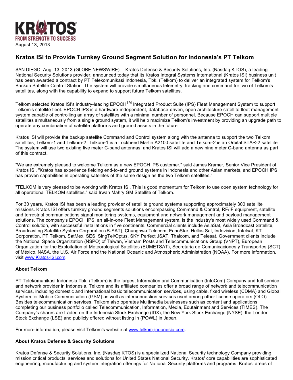 Kratos ISI to Provide Turnkey Ground Segment Solution for Indonesia's PT Telkom