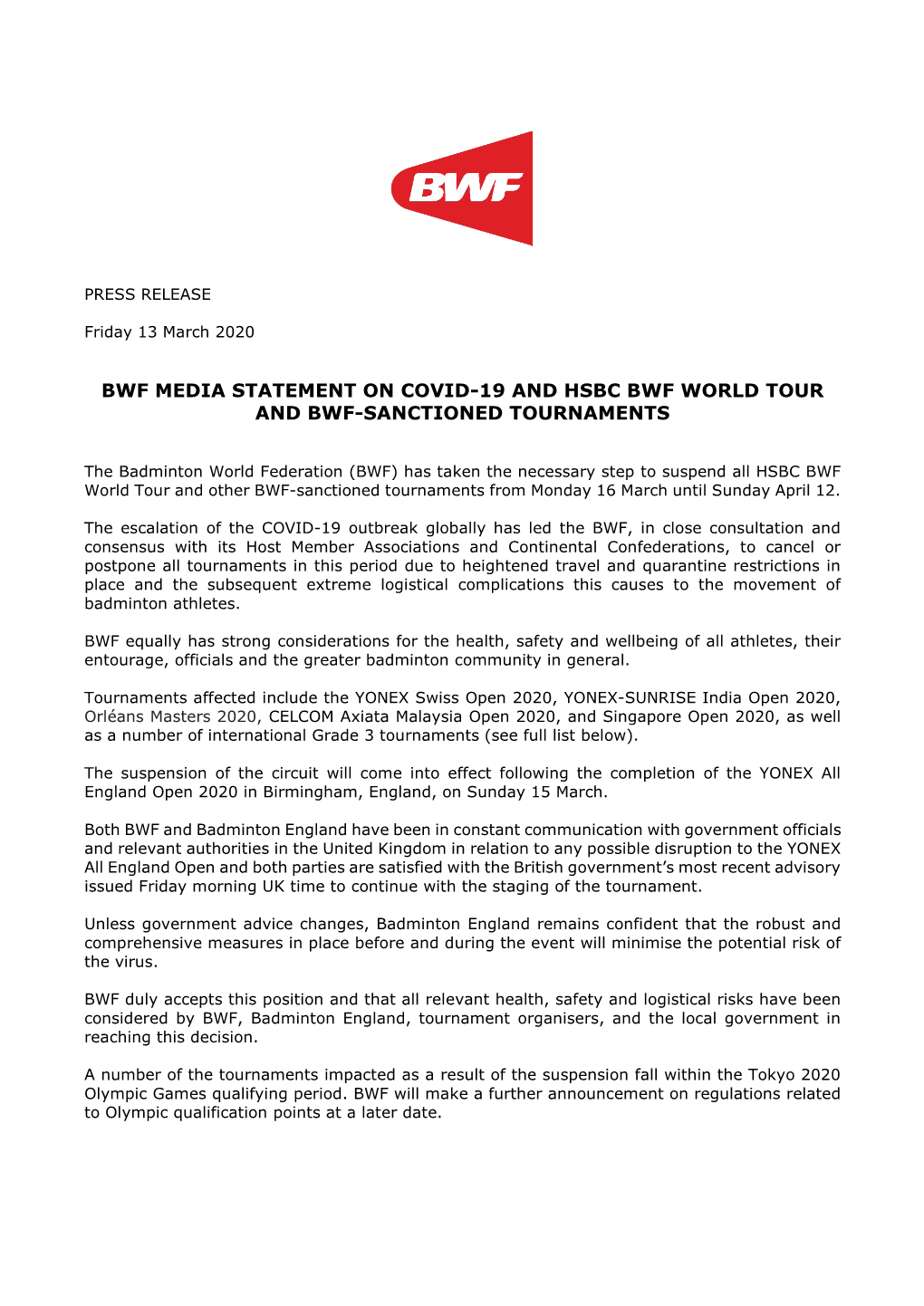 Bwf Media Statement on Covid-19 and Hsbc Bwf World Tour and Bwf-Sanctioned Tournaments