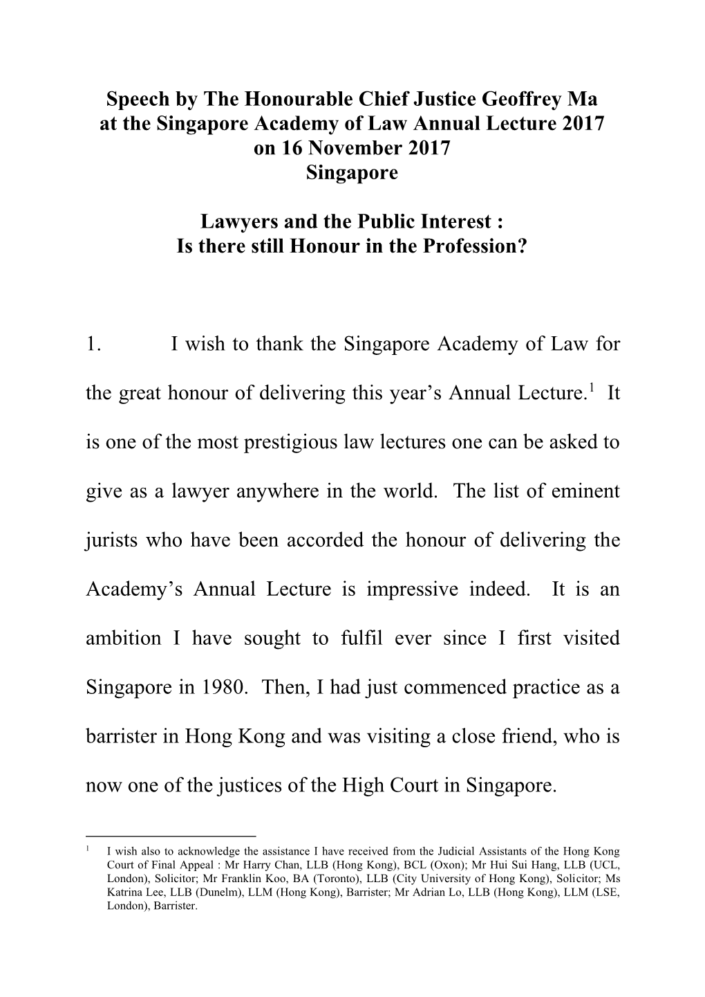 Singapore Academy of Law Annual Lecture 2017 on 16 November 2017 Singapore