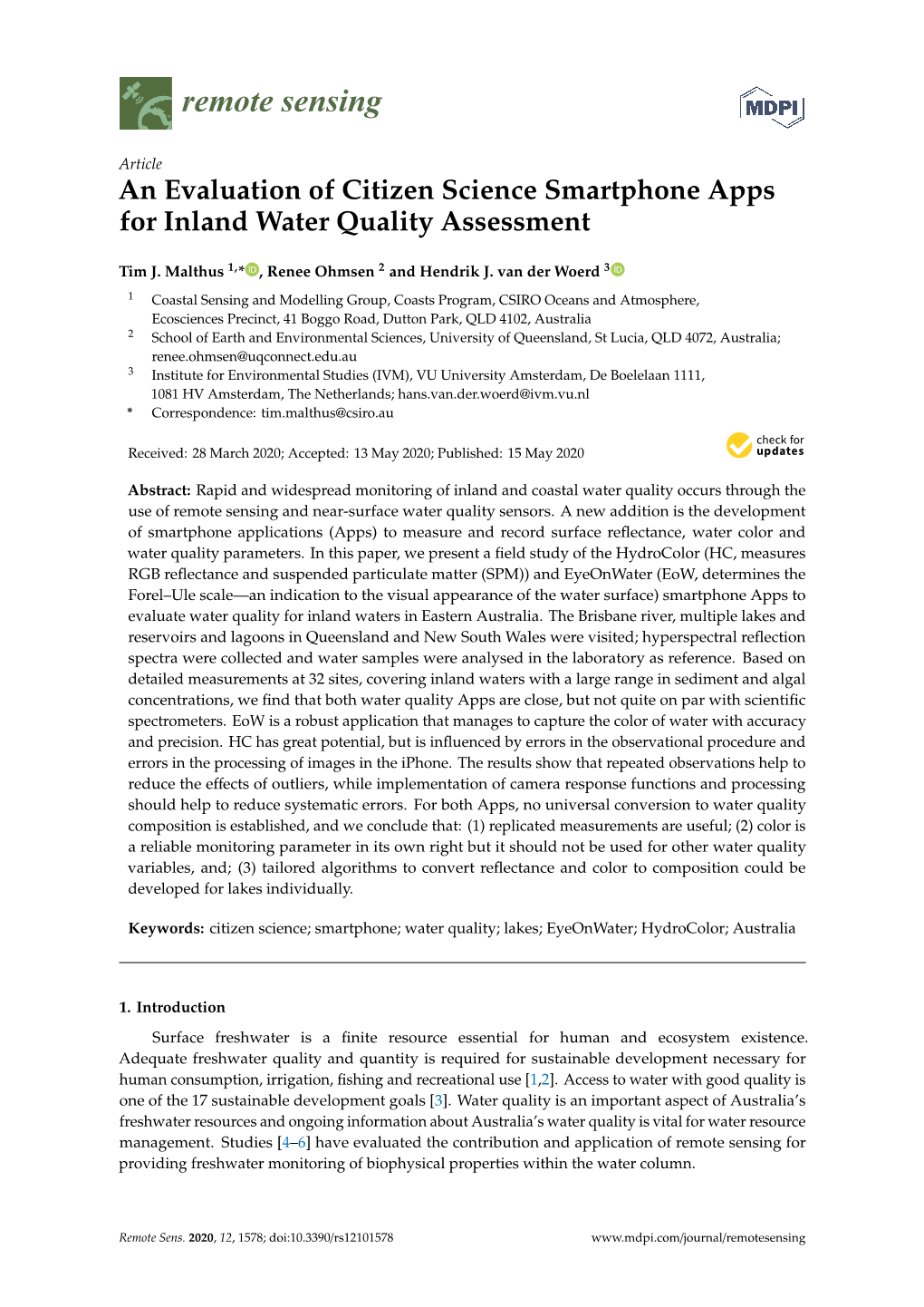 An Evaluation of Citizen Science Smartphone Apps for Inland Water Quality Assessment