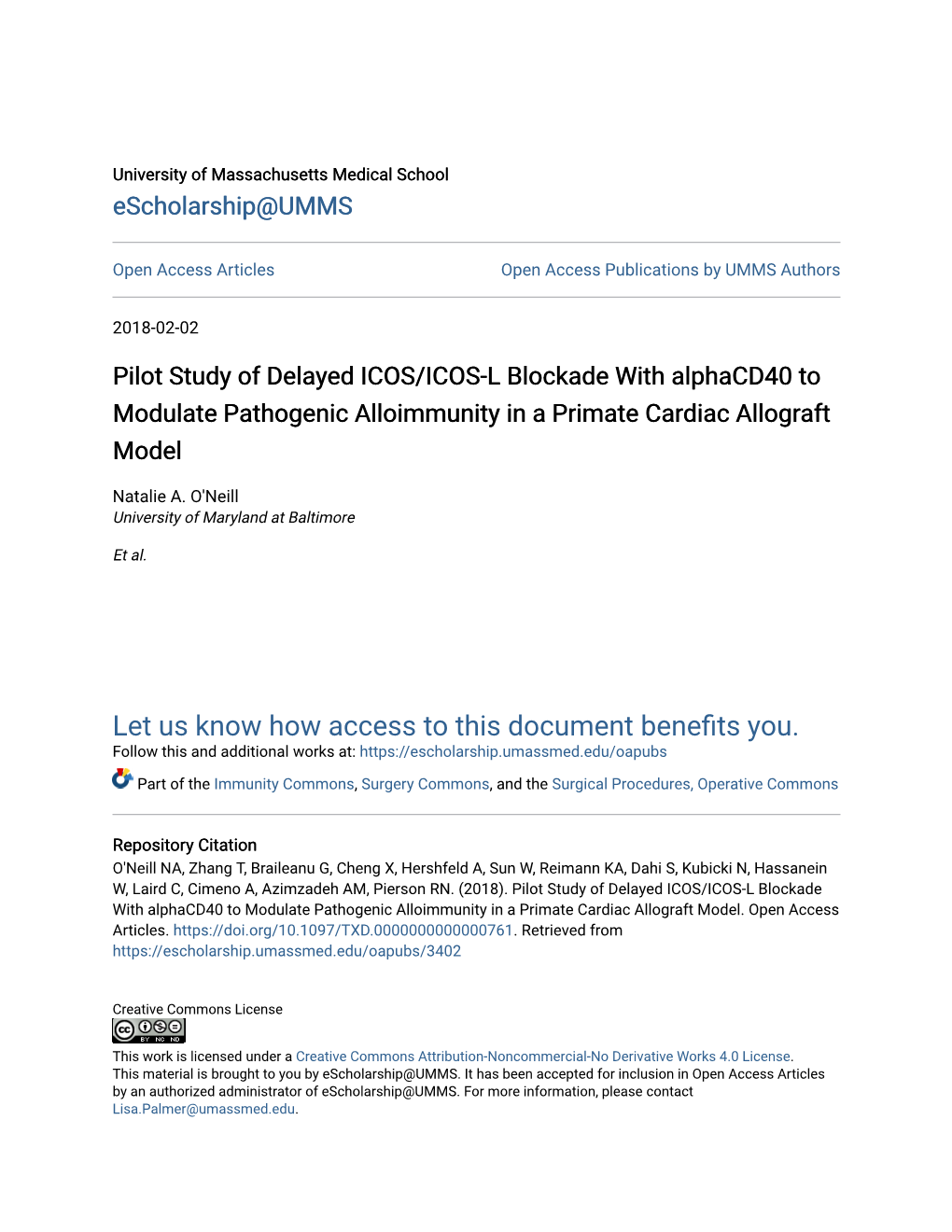 Pilot Study of Delayed ICOS/ICOS-L Blockade with Alphacd40 to Modulate Pathogenic Alloimmunity in a Primate Cardiac Allograft Model