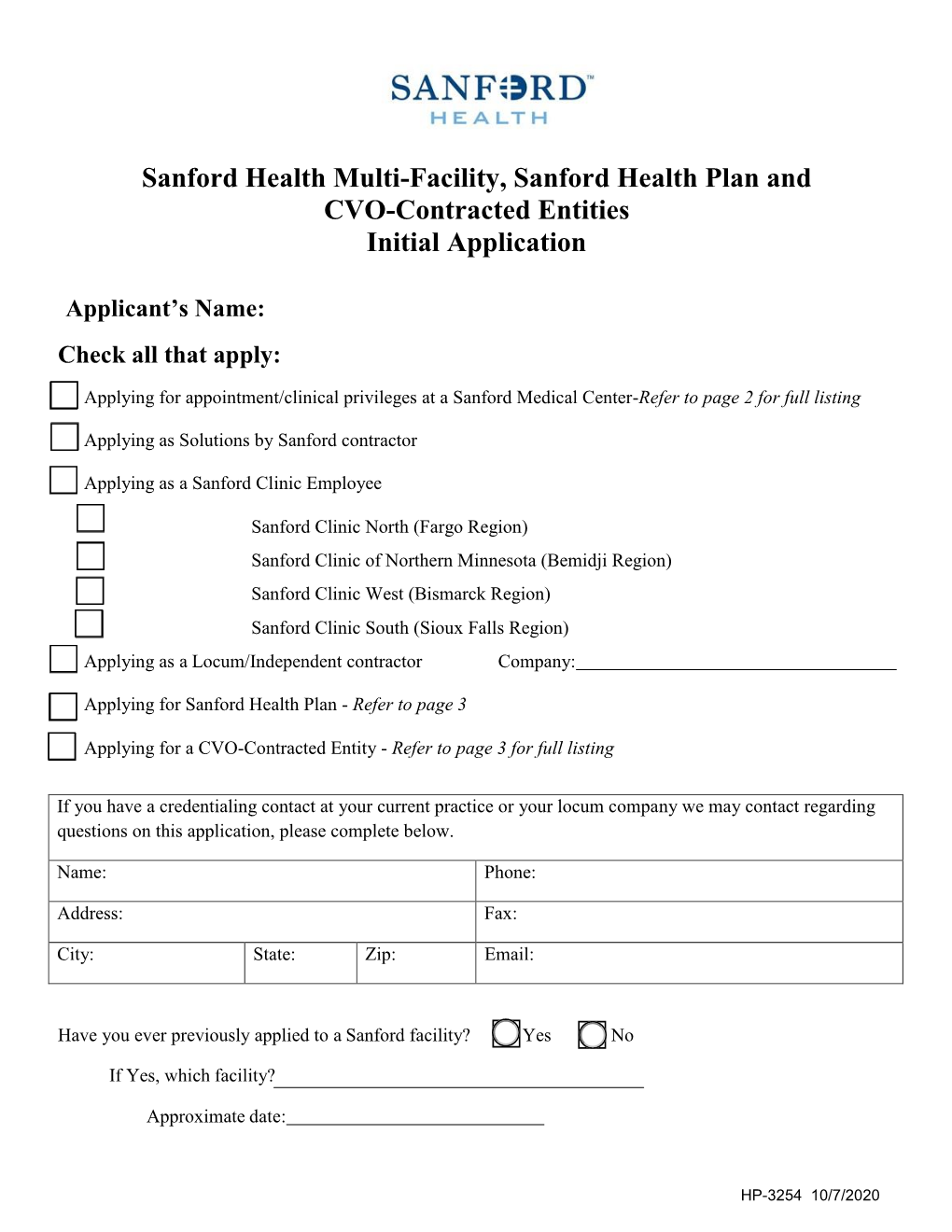 Sanford Health Multi-Facility, Sanford Health Plan and CVO-Contracted Entities Initial Application