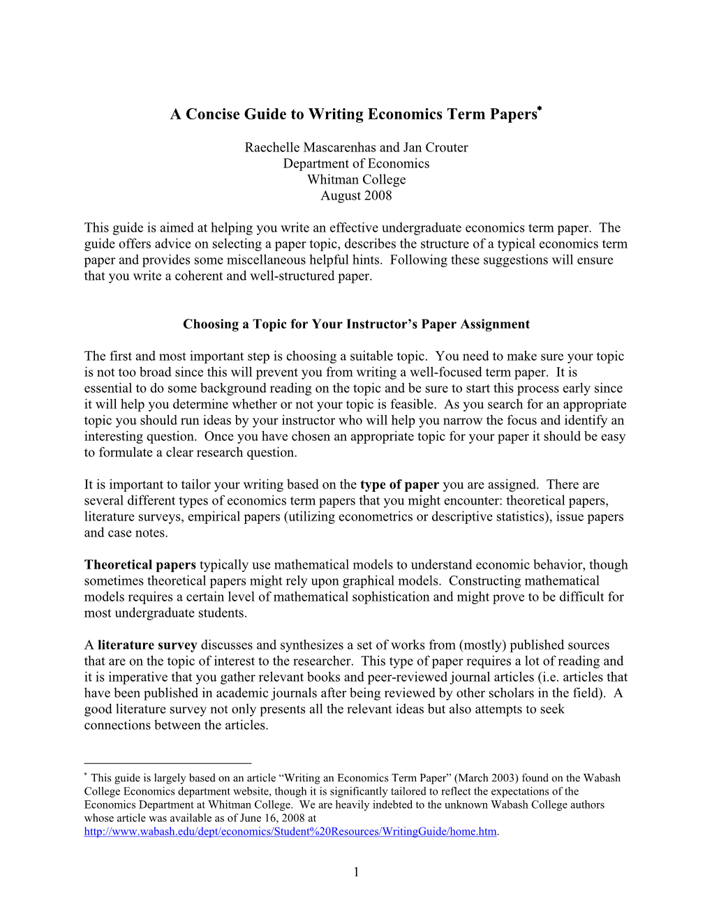 A Concise Guide to Writing Economics Term Papers∗