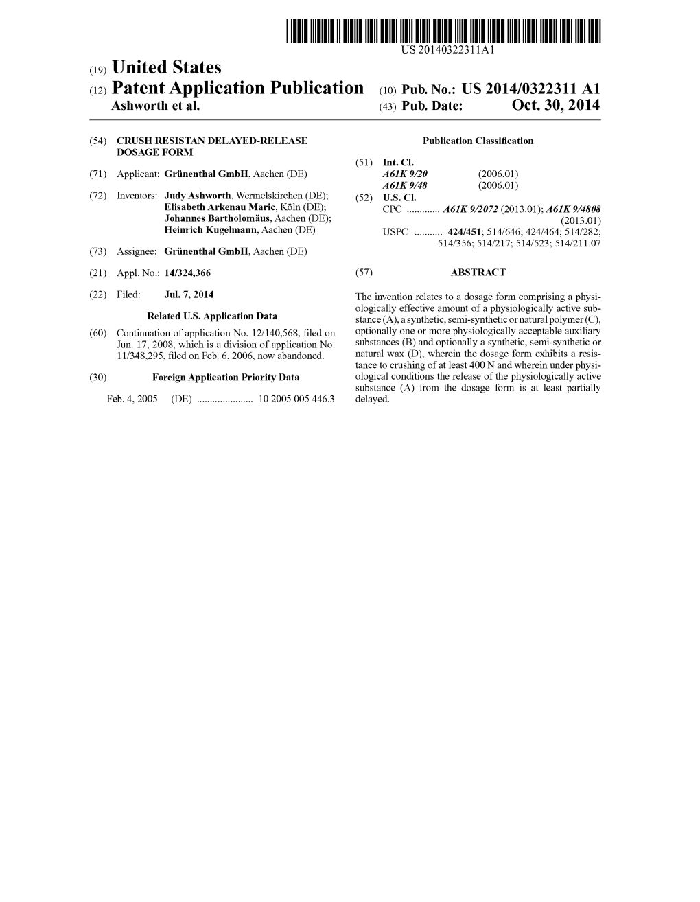 (12) Patent Application Publication (10) Pub. No.: US 2014/0322311 A1 Ashworth Et Al