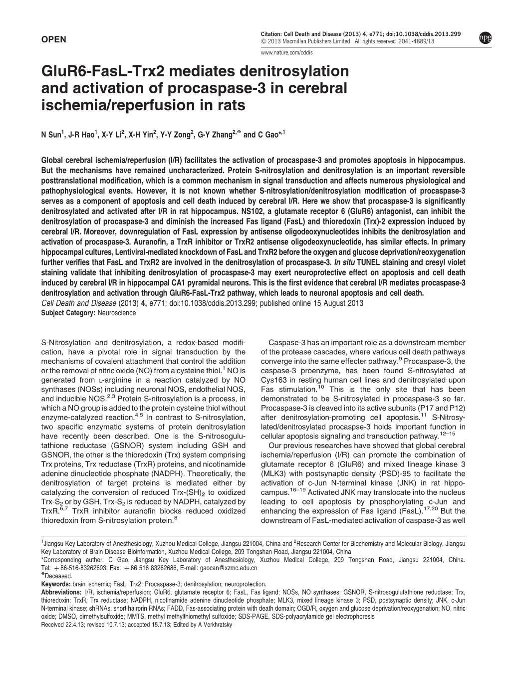 Glur6-Fasl-Trx2 Mediates Denitrosylation and Activation of Procaspase-3 in Cerebral Ischemia/Reperfusion in Rats