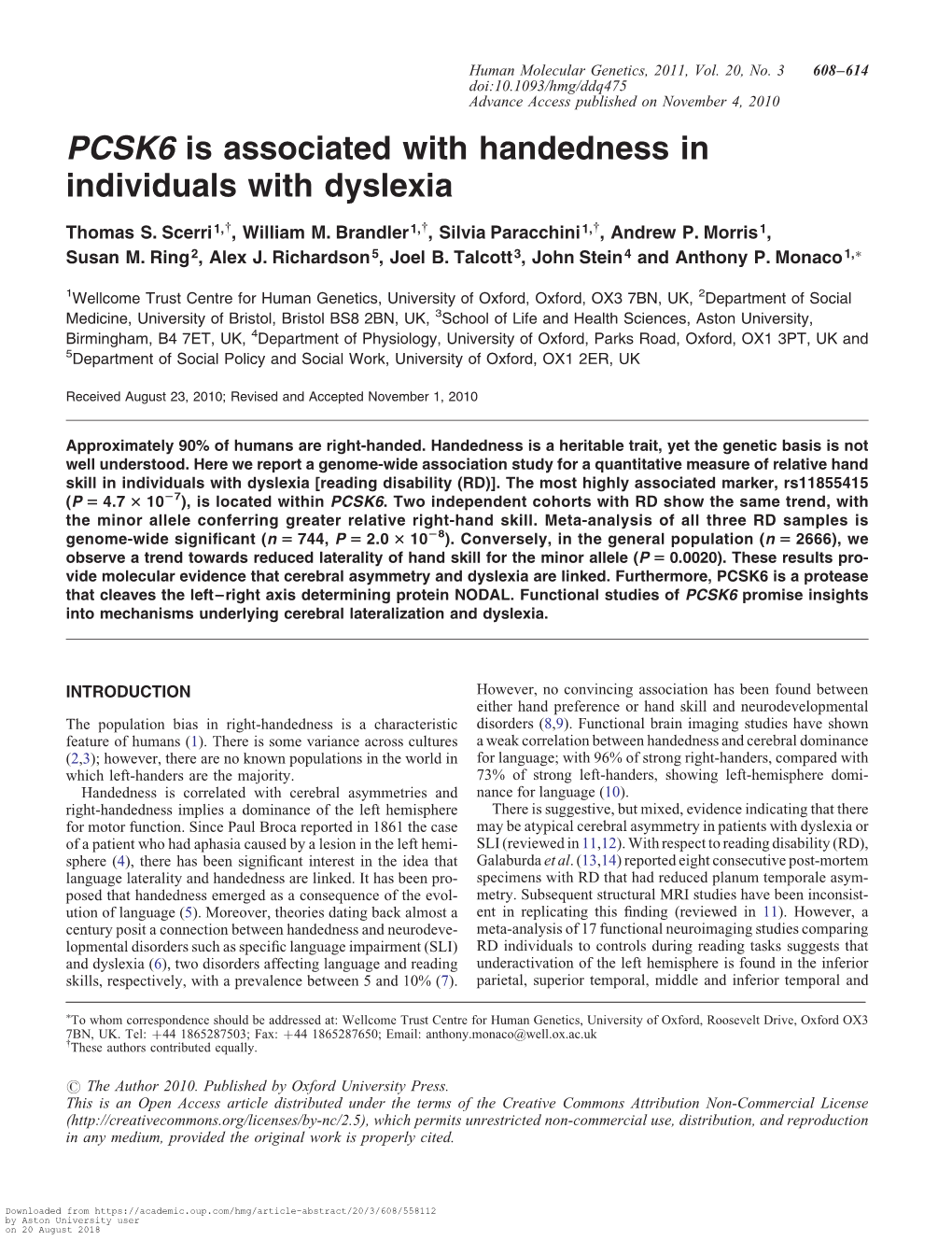PCSK6 Is Associated with Handedness in Individuals with Dyslexia