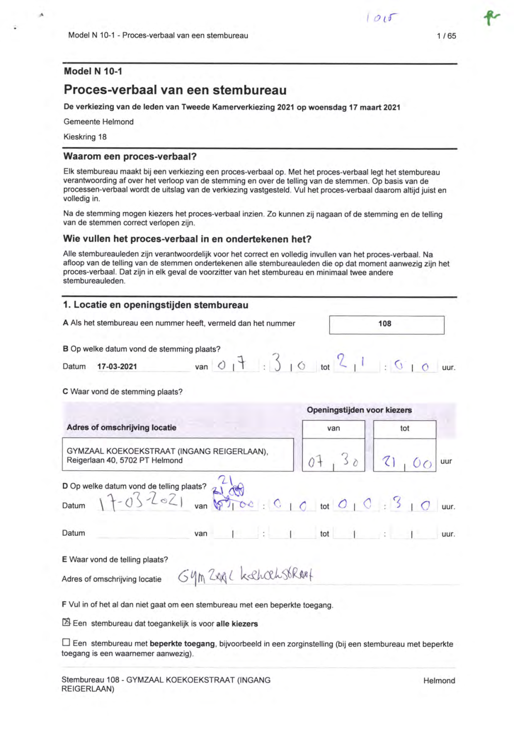 Proces-Verbaal Van Een Stembureau 1 / 65