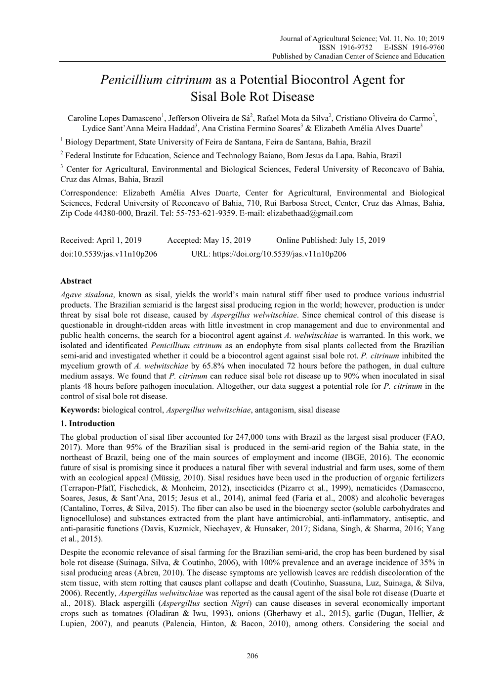 Penicillium Citrinum As a Potential Biocontrol Agent for Sisal Bole Rot Disease