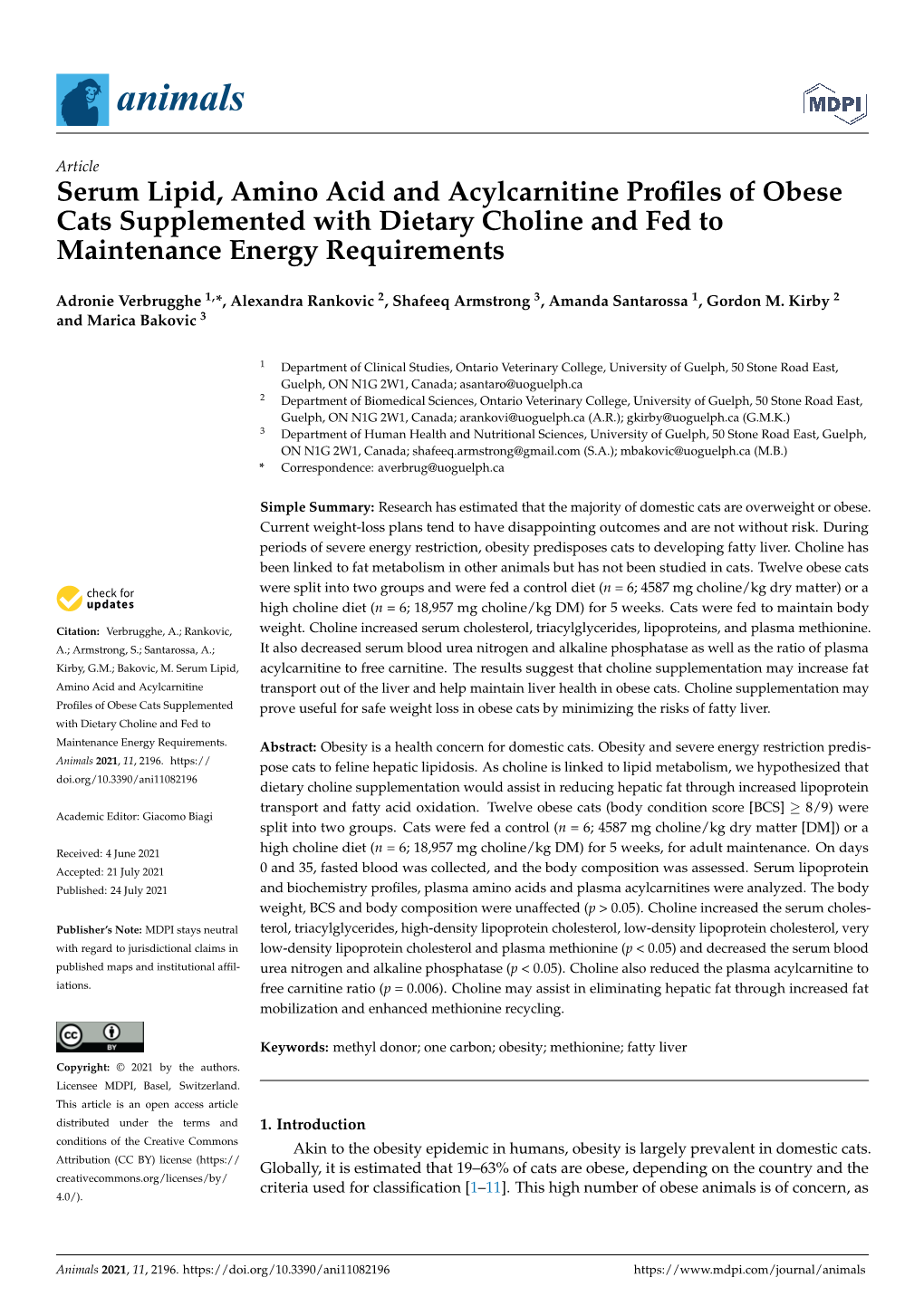 Serum Lipid, Amino Acid and Acylcarnitine Profiles of Obese Cats